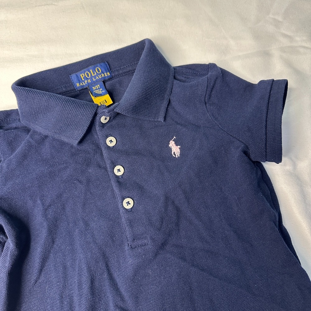 Polo Ralph Lauren Girls 3/3T Shirt Navy Blue Knit Preppy Pink Pony Short Sleeve